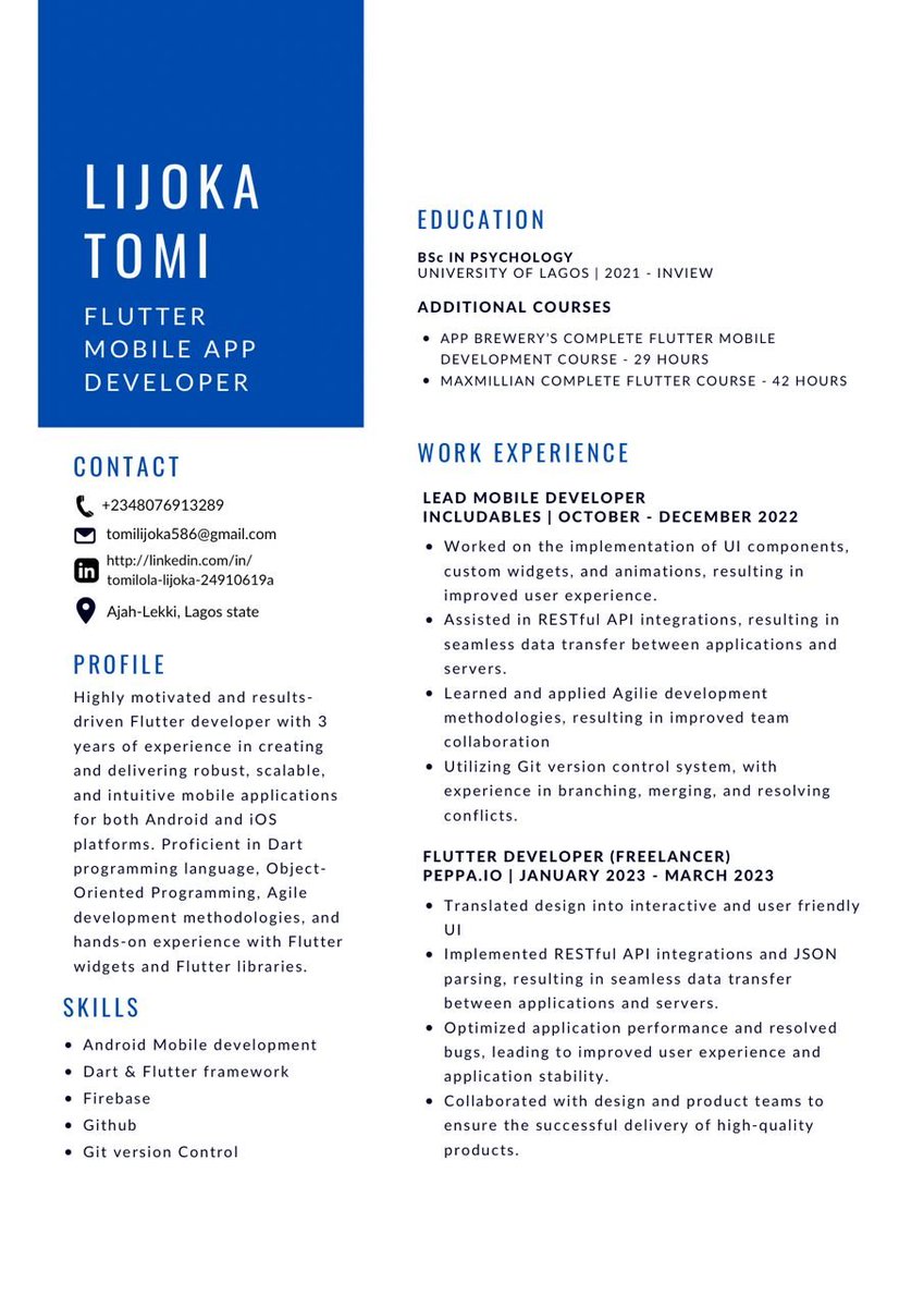 Anyone hiring for a Mobile app developer with 3+ years of experience? Proficient in building IOS and Android applications from front to back. Pls DM or comment below if you have any opportunities.

Here's a picture of his resume, and...

#mobileappdeveloper #jobs #lookingforwork