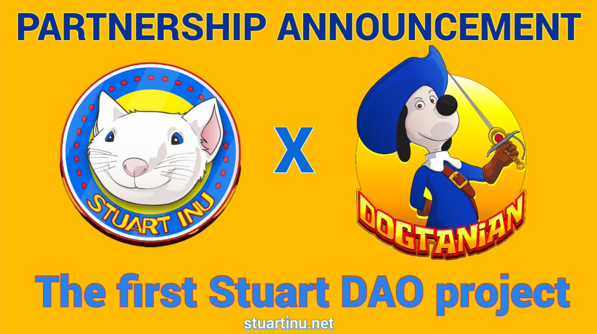 Thrilled to announce, The first #Stuart Dao #partnership is here!!

Partnership includes:

Stuart:

Pre launch and launch Marketing  from Stuart team

#Cross Chain-swap:
#ETH to #DGT
#BNB to DGT

Staking Pools

<a href="/dogtaniantoken/">Dogtanian Official</a> :

#Burn 2% Stuart on every buy and sell

Presale