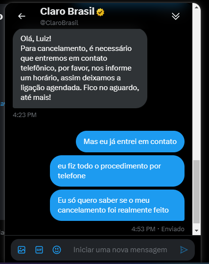 luizebf's tweet photo. @CMarkoCM @ClaroBrasil @drinkwithsmile A @ClaroBrasil ta sabendo legal. Na primeira mensagem dizem que vão me informar se está tudo certo e na segunda já dizem que cancelamentos são só feitos por telefone. 
Complicado... https://t.co/7IKYiBUBkt