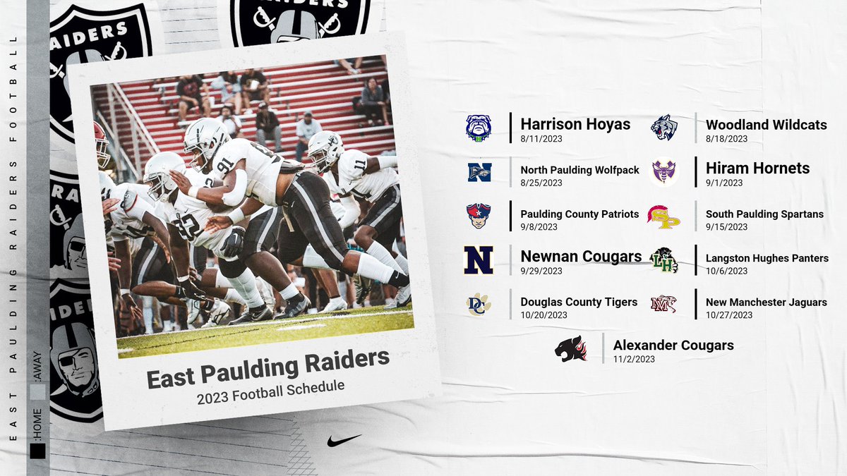 📣Get ready, East Paulding Raiders fans! Lock in these dates and join us in cheering on the Raiders this season! Let’s bring the Black Hole spirit and power this season! All games start at 7:30 PM! 🏈🗓️ #EastPauldingRaiders #FootballSchedule2023