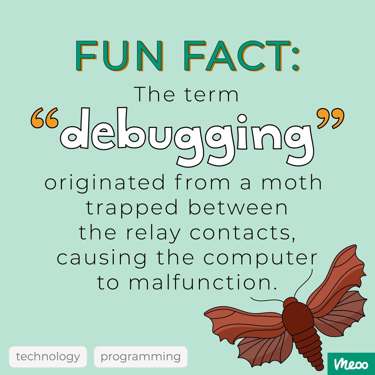 ask_meoo's tweet image. In 1947, G. Hopper discovered that a malfunctioning computer was caused by a moth that got trapped between the relay contacts. She documented it as the first computer bug, and the term &quot;debugging&quot; became popular in the computer science community.

#askmeoo #tech #programming