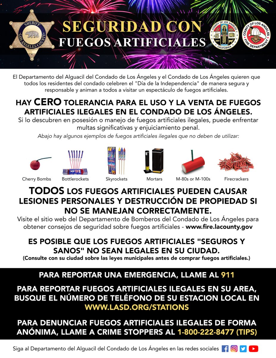 .<a href="/LASDHQ/">LA County Sheriffs</a> y <a href="/CountyofLA/">Los Angeles County</a>  quieren que todos los residentes del condado celebren el "Día de la Independencia" de manera segura y responsable y animan a todos a visitar un espectáculo de fuegos artificiales. #4thofJuly #IndependenceDay