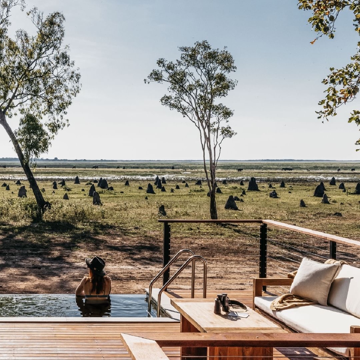 If you're looking for us today, we'll be rigggghhhht here soaking in the serenity at Bamurru Plains ☀️ Captured beautifully by IG/helsiee, welcome to Bamurru Plains' new Jabiru Retreat - a private oasis in @NT_Australia's @TourismTopEnd. #seeaustralia #comeandsaygday