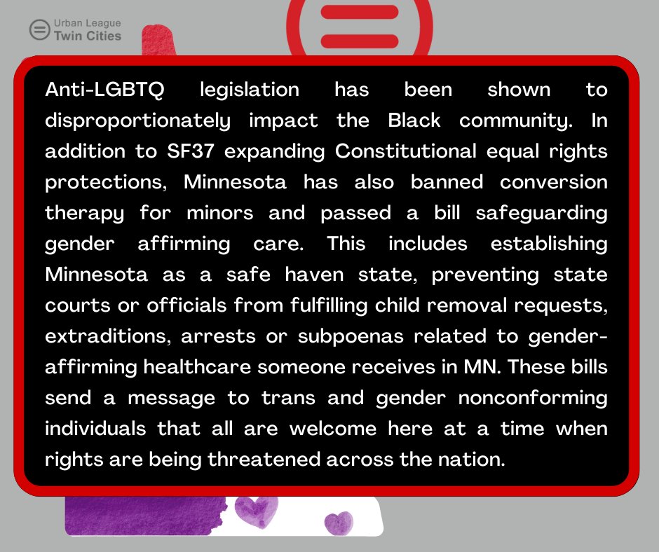 #FridayFacts

It's the end of Pride Month, so let's talk about MN and anti-LGBTQ legislation. 🏳‍🌈

Insights by @CSJatULTC. Data by #MNLeg. 

#ULTC #UrbanLeagueTwinCities #LGBT #LGBTQIA+ #SafeHavenState #Pride