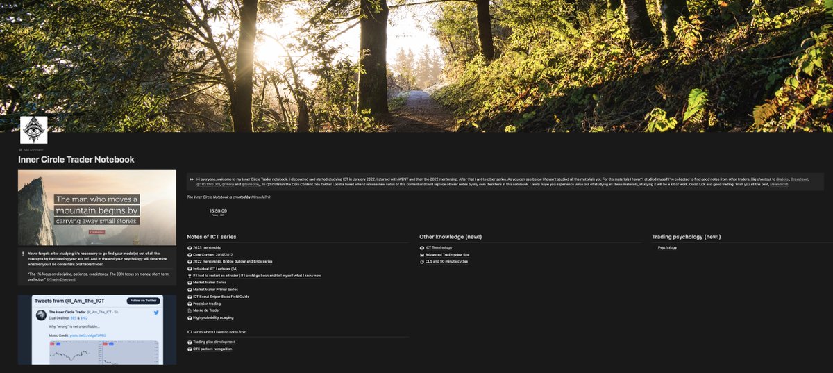 Here's my rebuilt version of my Inner Circle Trader notebook with notes of almost all ICT series (not all mine as you will see) and I've created pages about ICT terminology, advanced Tradingview tips and 90M cycles. And a trading psychology page. GLGT tinyurl.com/2haukzbw