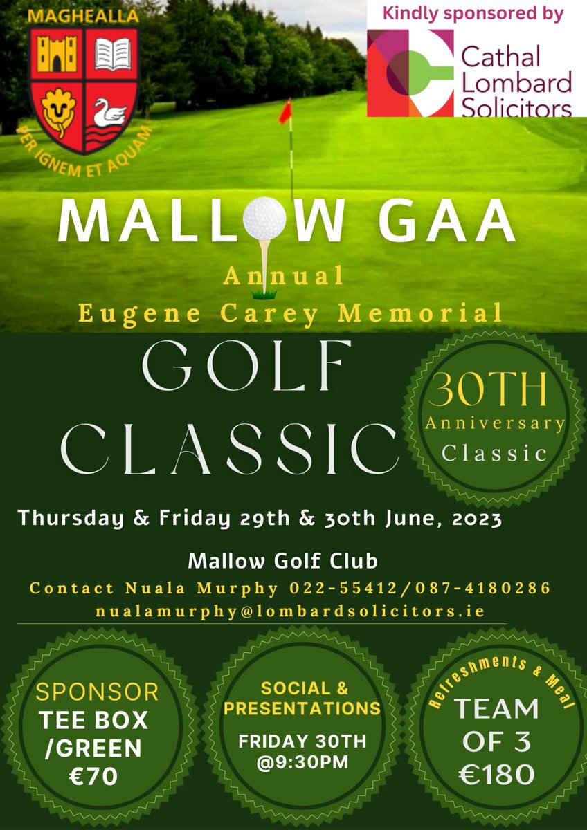 carrigoon's tweet photo. A week to go to our 30th Eugene Carey memorial Mallow GAA Golf classic and there are still some tee off times available for Thursday and shotgun Friday and of course tee box/Green sponsorship. Your support would be most appreciated. https://t.co/jRyVSyd3in