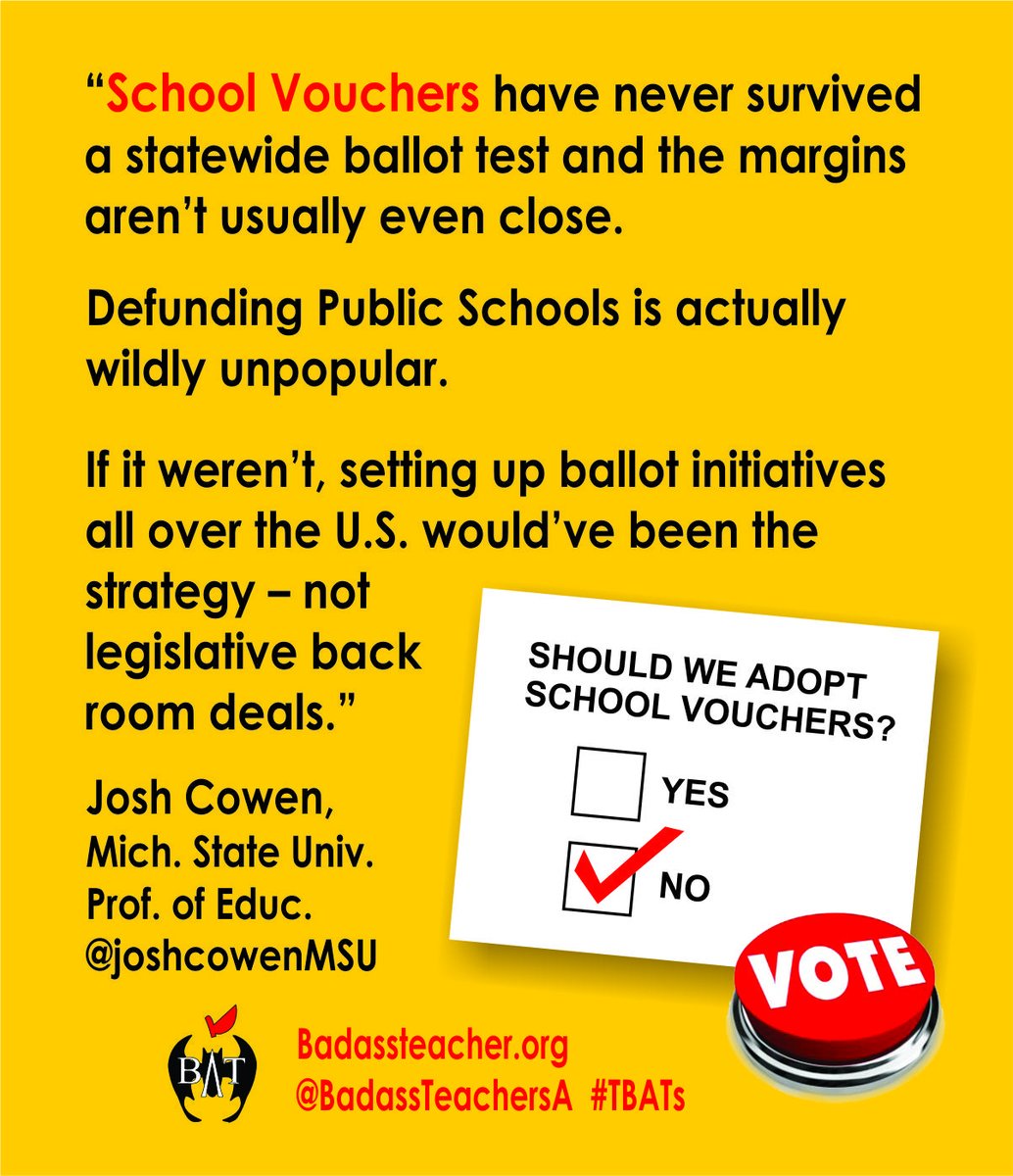 Voucher programs are not popular with the public. That's why they need dirty backroom deals to get them passed. Stay vigilant! Say No to Vouchers! #TBATs @MIBATS @AFTBATcaucus @PennBat @NEABATCaucus @OhioBATs @NYStateBATs @MarylandBAT @BATsDelaware @BATs_DC @VirginiaBATs