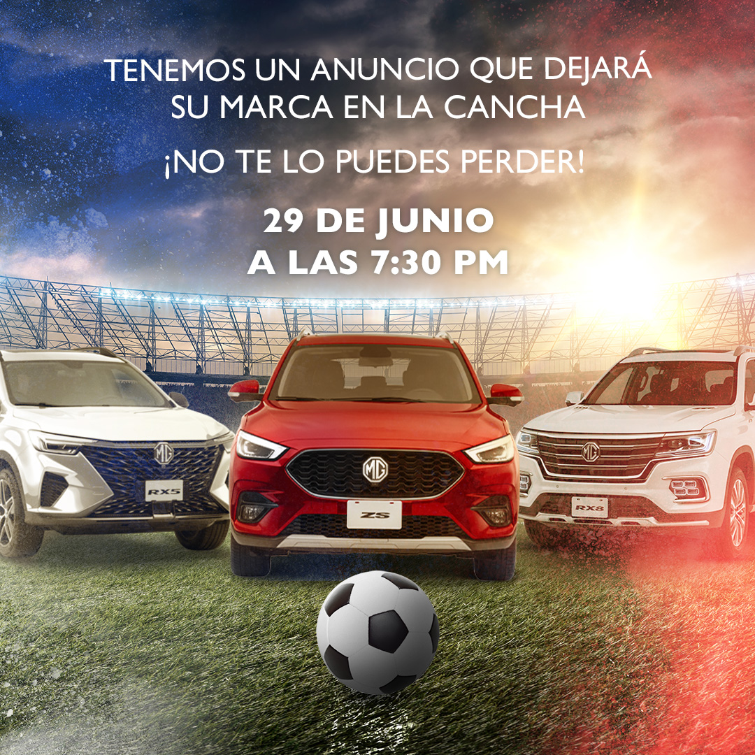 MGMotorMx's tweet photo. ¡Atención, fanáticos de MG! Reserven sus calendarios para el próximo 29 de junio y no se pierdan un anuncio que los sorprenderá. Mantente pendiente de nuestro perfil de Facebook. ⚽️ #MG #MGMexico https://t.co/v53SQLL9aQ