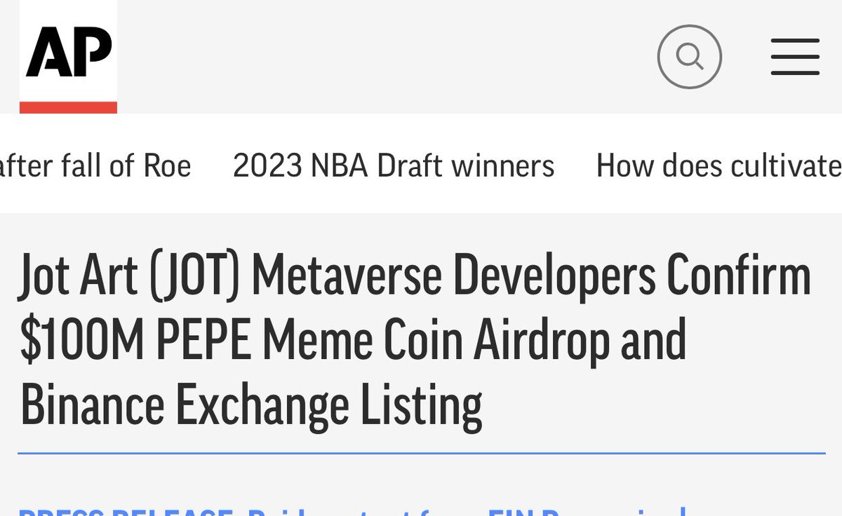 🚨@KaJLabs & @JotArts  Confirm $100M  $PEPE #Airdrop and #Binance Listing! 

Details — apnews.com/press-release/… @AP @coindesk @Cointelegraph #JOT #LITHO #pepe