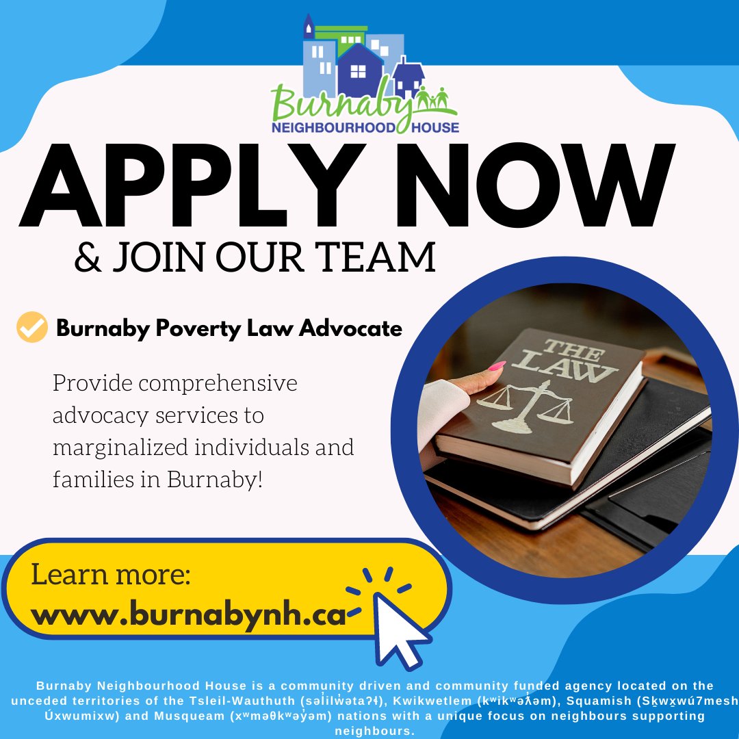 BbyServices's tweet photo. 🌟Join our compassionate team at Burnaby Neighbourhood House! 🤝 We are seeking a dedicated Poverty Law Advocate 🧑‍⚖️‍📝 to make a meaningful impact in the lives of marginalized individuals and families. Help us create positive change and support those in need.

💙Apply today! https://t.co/Qlkx5yhHvf