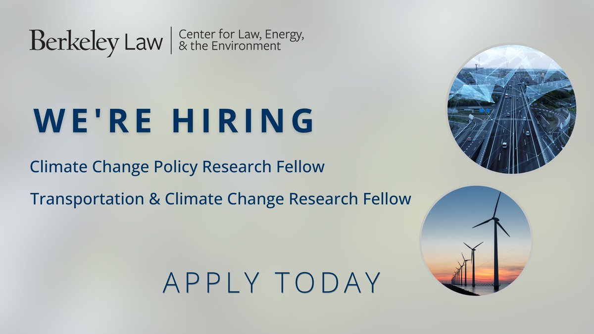 💡 We're #hiring! CLEE is seeking a Transportation &amp; Climate Change Research Fellow and a Climate Change Policy Research Fellow. Apply today.

Transportation &amp; Climate Change Research Fellow: aprecruit.berkeley.edu/JPF03944
Climate Change Policy Research Fellow: aprecruit.berkeley.edu/JPF03968