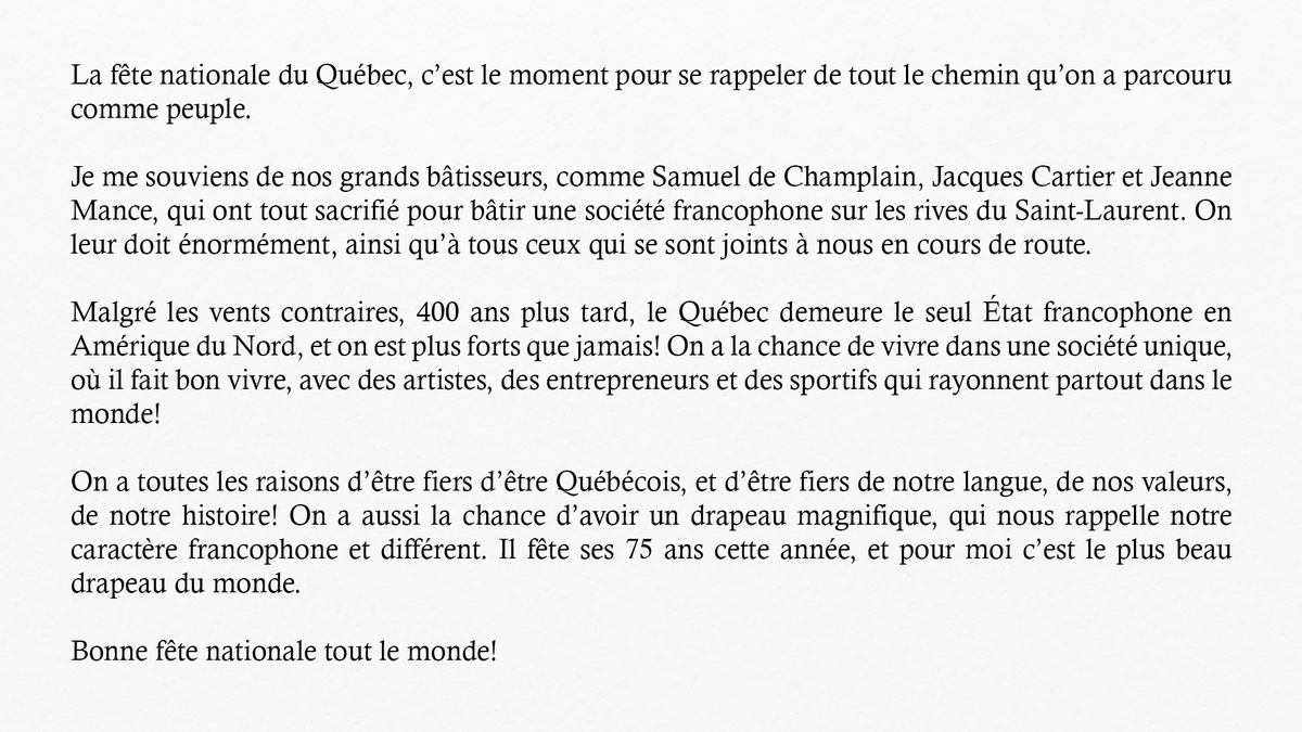 francoislegault's tweet photo. Bonne Fête nationale à toutes les Québécoises et à tous les Québécois! ⚜️ https://t.co/v6FPYOwlTW