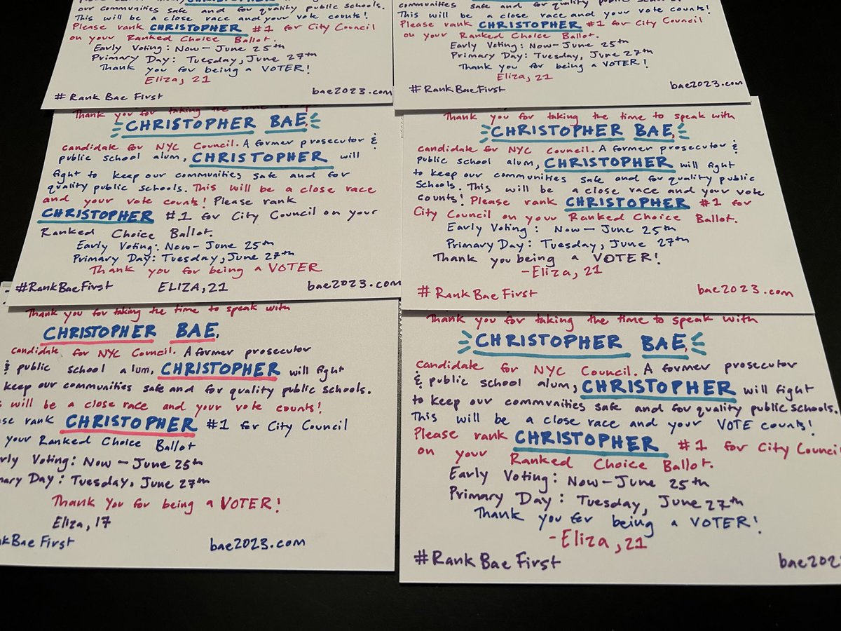 ElvinBen's tweet photo. @DemocracyMarker took a break from writing to Ohio voters to write postcards for @BaeforQueens. We hope our handwritten notes remind voters to #RankBaeFirst on their RCV ballots. #LocalElectionsMatter https://t.co/IeBLjnIeqd