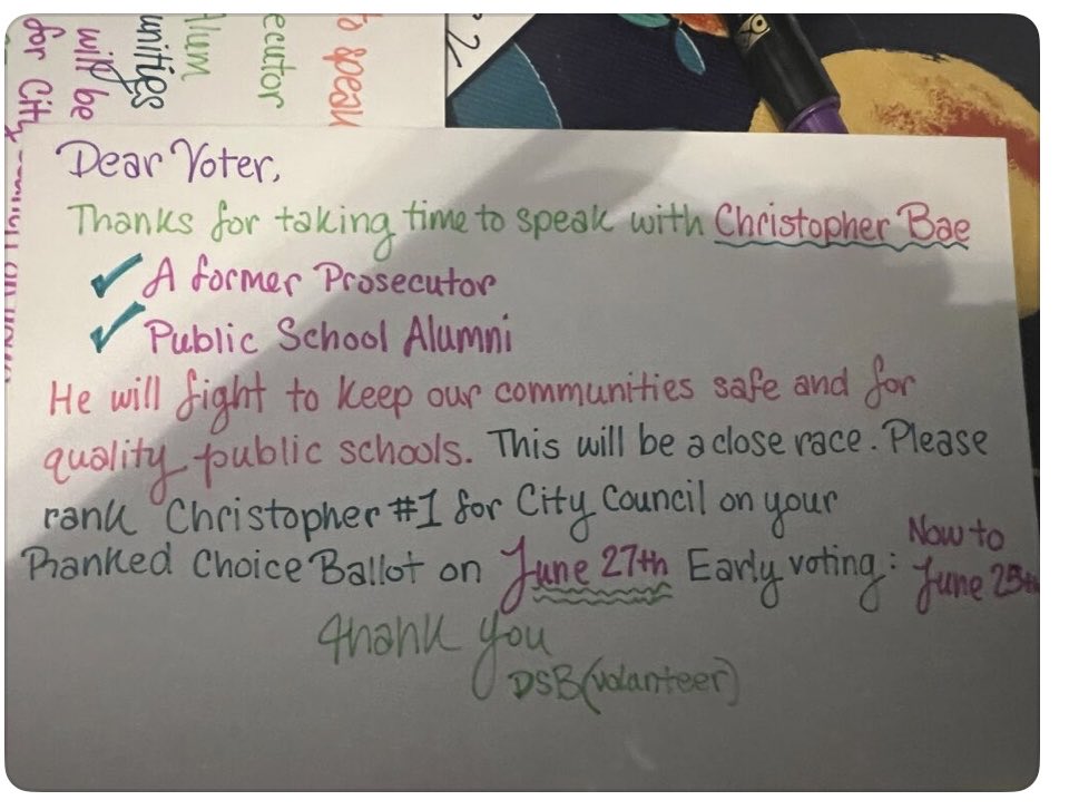 ElvinBen's tweet photo. @DemocracyMarker took a break from writing to Ohio voters to write postcards for @BaeforQueens. We hope our handwritten notes remind voters to #RankBaeFirst on their RCV ballots. #LocalElectionsMatter https://t.co/IeBLjnIeqd