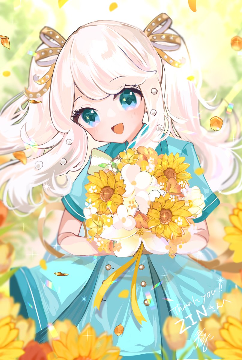 1girl flower solo bouquet smile dress white hair  illustration images
