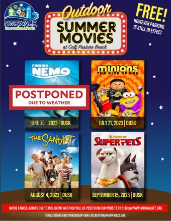 Norwalk_CT's tweet photo. Unfortunately, the City's first movie showing for our Outdoor Summer Movies Series at Calf Pasture Beach is postponed due to the weather forecast. Instead, we will be showing Finding Nemo next Friday, June 30th, at dusk. #OutdoorMoviesSeries #RecandParks https://t.co/JKrAYLY2sR
