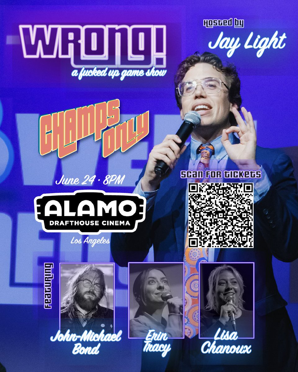 wronggameshow's tweet image. Our next CHAMPS ONLY edition of Wrong is TOMORROW! Previous winners @bondjohnbond @erintracycomedy &amp;amp; @asilnoux compete for the ultimate grand prize at @drafthouseLA. Don't miss this celebration of darkness and discomfort – you could win big too!

TIX HERE: eventbrite.com/e/644385092157