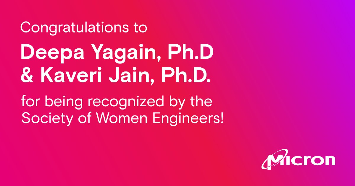 This Women in Engineering Day, we recognize the thousands of women engineers who are central to @MicronTech’s success. @SWEtalk highlighted a few shining examples. Congrats Kaveri Jain and Deepa Yagain! bit.ly/46jSJ4m #INWED23