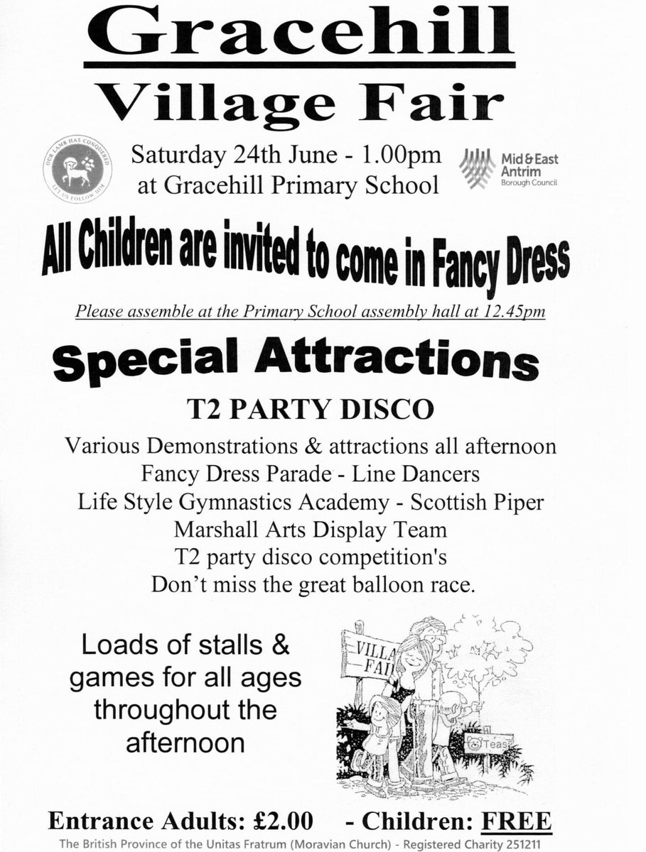 LoveBallymena's tweet image. 𝐒𝐀𝐓𝐔𝐑𝐃𝐀𝐘 | 𝐆𝐫𝐚𝐜𝐞𝐡𝐢𝐥𝐥 𝐕𝐢𝐥𝐥𝐚𝐠𝐞 𝐅𝐚𝐢𝐫

After four years Gracehill Village Fair is finally back!

Pop along tomorrow, Saturday 24 June from 1pm, in the grounds of Gracehill Primary School. 

All welcome!
