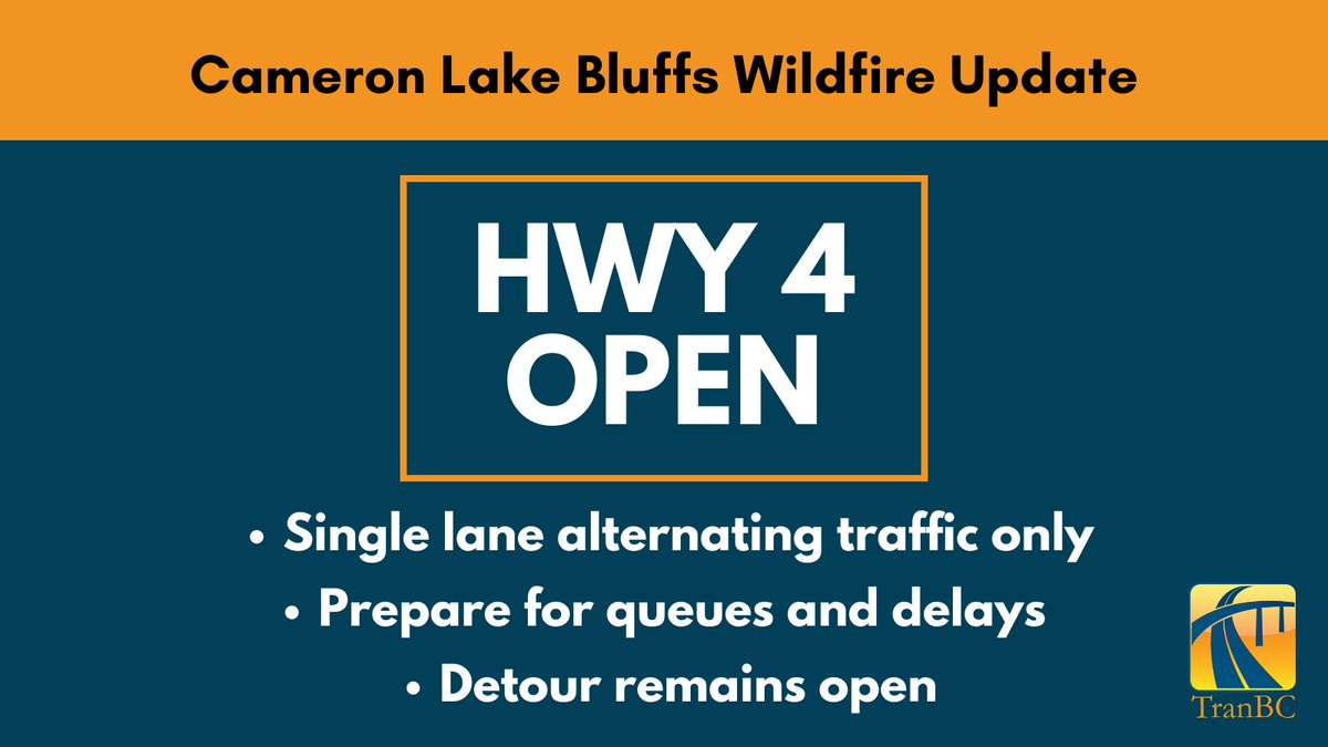 #BCHwy4 will OPEN to single lane alternating traffic TODAY (June 23)
at 3 PM. Please obey traffic control personnel and expect delays. 
THANK YOU to everyone for your support and patience while we worked to get the road ready for safe travel. #ConeZoneBC bit.ly/3phr4k7