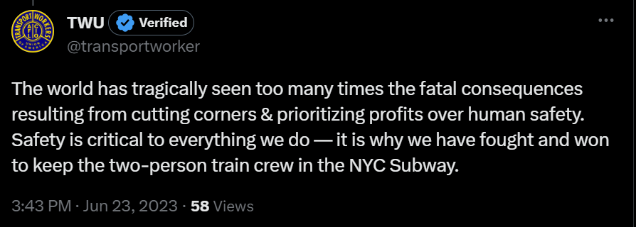 2AvSagas's tweet photo. Kind of in awe of this tweet from the TWU mothership somehow tying the OceanGate implosion into why NYC can't have OPTO. https://t.co/26Eg4MQSI9