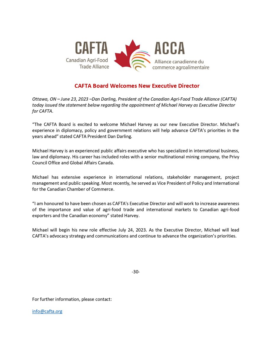 CAFTA is excited to welcome Michael Harvey as our New Executive Director! 

Michael Harvey is an experienced public affairs executive who has specialized in international business, law, and diplomacy 🌏

#cdnpoli #cdnag #cdntrade