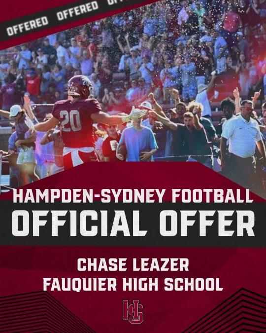 After a great visit and talk with ⁦@dilloncostell01⁩ I am blessed to have received an offer from Hampden-Sydney. ⁦<a href="/HSC__FOOTBALL/">H-SC Football</a>⁩ ⁦<a href="/HSCathletics/">H-SC Athletics</a>⁩ ⁦<a href="/FHS_FalconFB/">Fauquier High Football</a>⁩