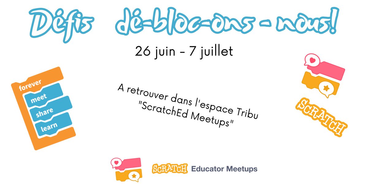 Défis dé-bloc-ons - nous pour les enseignants: 10 jours de défis <a href="/scratch/">Scratch Team</a> pour échanger et partager des astuces autour de l'enseignement de la programmation, à retrouver dans l'espace Tribu #ScratchEdMeetup.
#PE profs #maths #techno
<a href="/DANECreteil/">Drane - Site de Créteil</a> <a href="/DANEVersailles/">DRANE Site de Versailles</a>