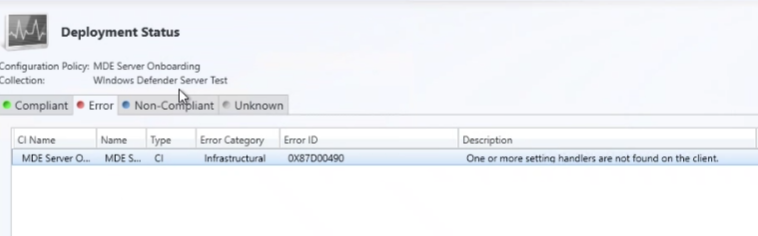 Has anyone seen this when deploying  MDE Onboarding via #ConfigMgr?  Seeing this when deploying to Servers.  Client Settings are set to 'MDE Client.'  Endpoint Protection is disabled in Client Settings.  Compliance is moved entirely to Intune via CoMgmt. @DeviceDeploy #MSIntune