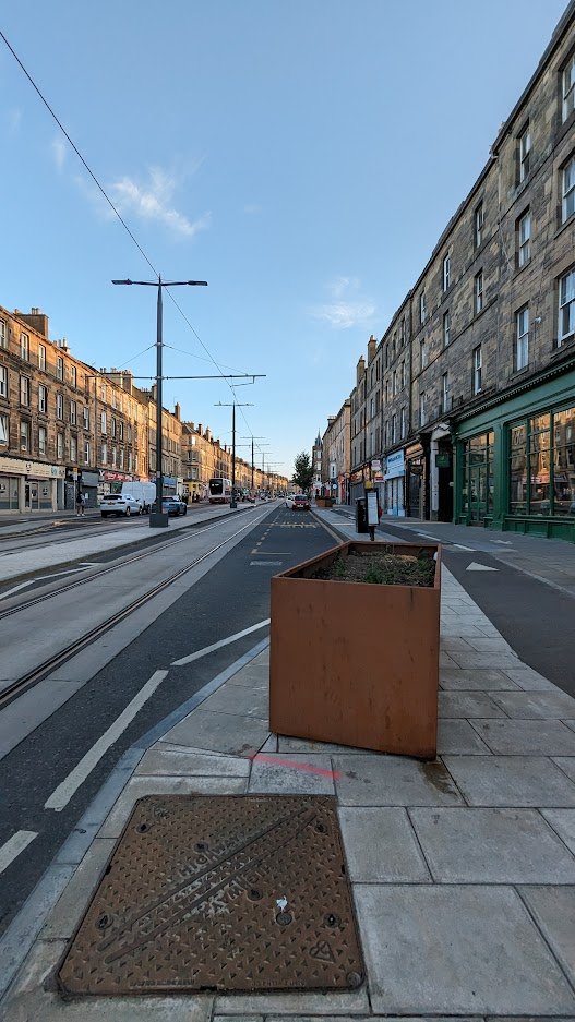 The new planters. For me they are a sad reminder that ZERO trees have been planted anywhere on Leith Walk. A good place for trees would be at the corners of the continuous pavements to slow drivers down.
