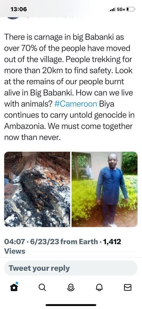KiloYaah's tweet image. The horrific atrocities in Big Babanki is continuing unabated!! President Biya is bent on wiping out the entire village. What did Anglophones ever do to deserve such destruction!!!! Please someone help us stop this war!!!!!