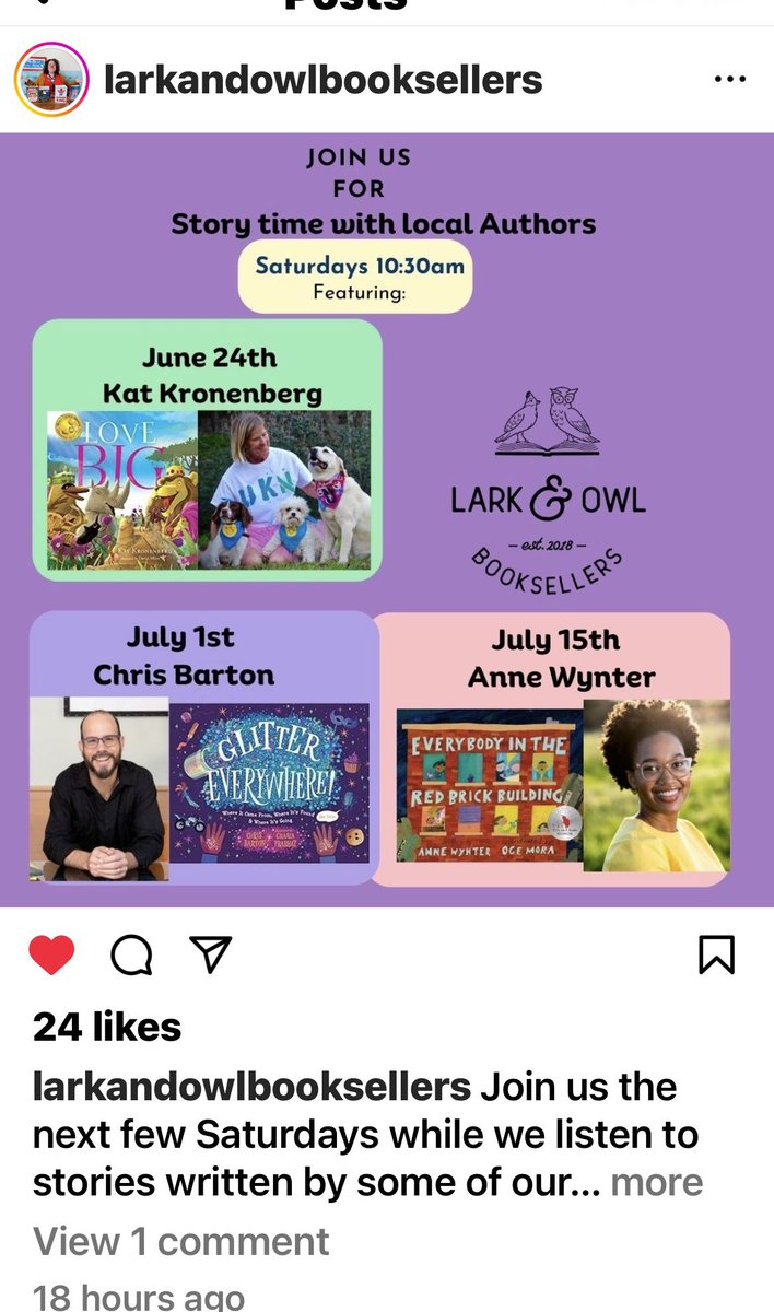 Tomorrow Sat June 24 @ 10:30 fun family storytime at a fantastic book store @larkandowlbooks #bookfun #readersareleaders #catchm