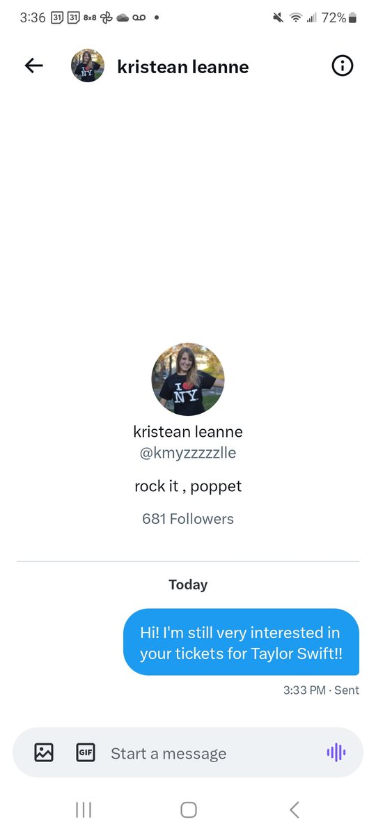 ColeeBean's tweet photo. @ErasTourResell Someone made a fake profile for one of your sellers for Mpls last night. Kristean instead of Kristen. The scammers are EVERYWHERE. I caught it right after I sent this DM. Ugh. https://t.co/k7Z4LwQtqn