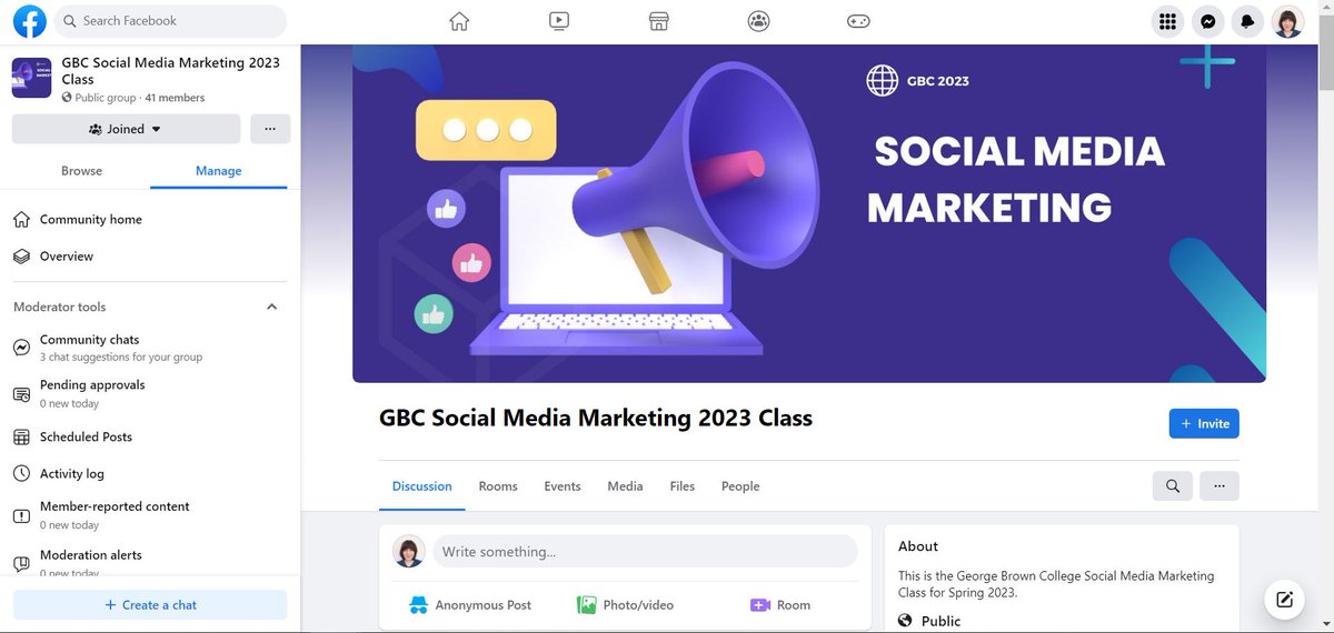 Facebook Groups is a great marketing tool for reaching specific audiences valuable to your business. You can use it to optimize your workspace and spark new conversations,  e.g. the Group my social media class at GBC created: shorturl.at/gmrQ8 
 
#FacebookGroups #Meta