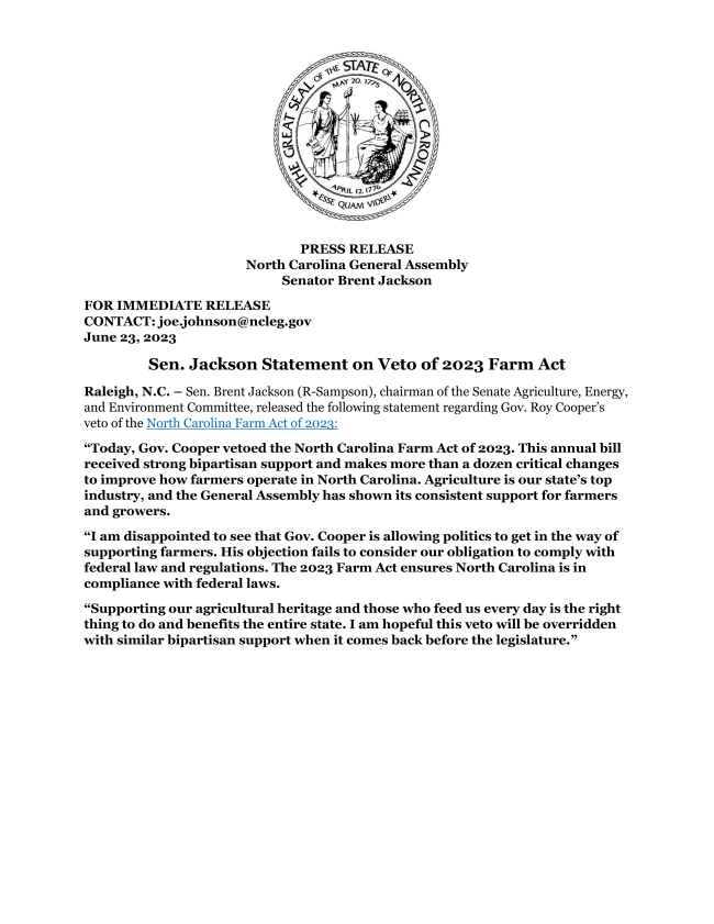 SenBrentJackson's tweet photo. My statement on the Governor's veto of the North Carolina Farm Act of 2023
https://t.co/3JlTo0KVPP https://t.co/rrQPyeV1B6