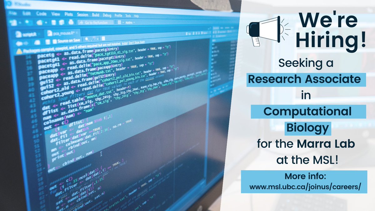 Michael Smith Labs (@ubcmsl) on Twitter photo 📣We're hiring! The Marra lab (<a href="/mmarra0630/">Marco Marra</a>) is seeking a Research Associate in Computational Biology to join their lab. 🖥️
Learn more about the position and apply here:
msl.ubc.ca/join-us/career… 📣We're hiring! The Marra lab (<a href="/mmarra0630/">Marco Marra</a>) is seeking a Research Associate in Computational Biology to join their lab. 🖥️
Learn more about the position and apply here:
msl.ubc.ca/join-us/career…