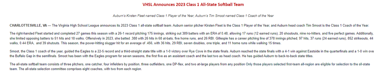 VHSL_'s tweet photo. VHSL Announces 2023 Class 1 All-State Softball Team https://t.co/elZrTkS0CD