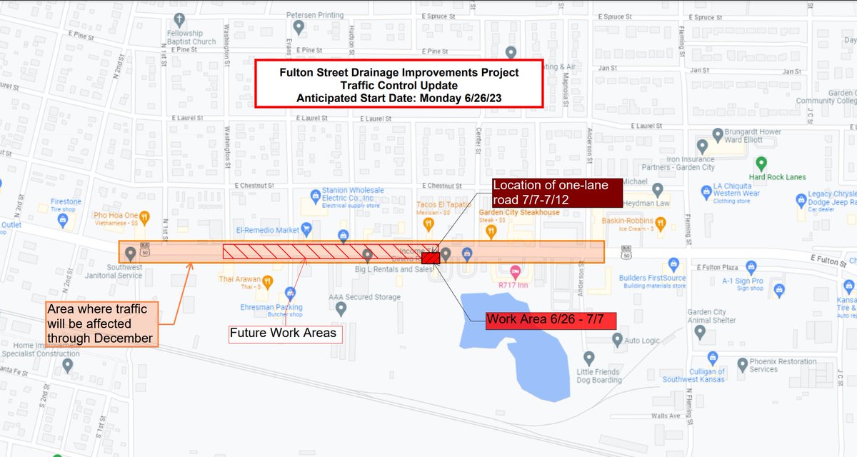 The project will be completed in the following phases, a map of the area can be found below. Business access will be maintained via Fulton, side streets, or alleys.

6/26 – 7/7: One-lane traffic in each direction of Fulton.