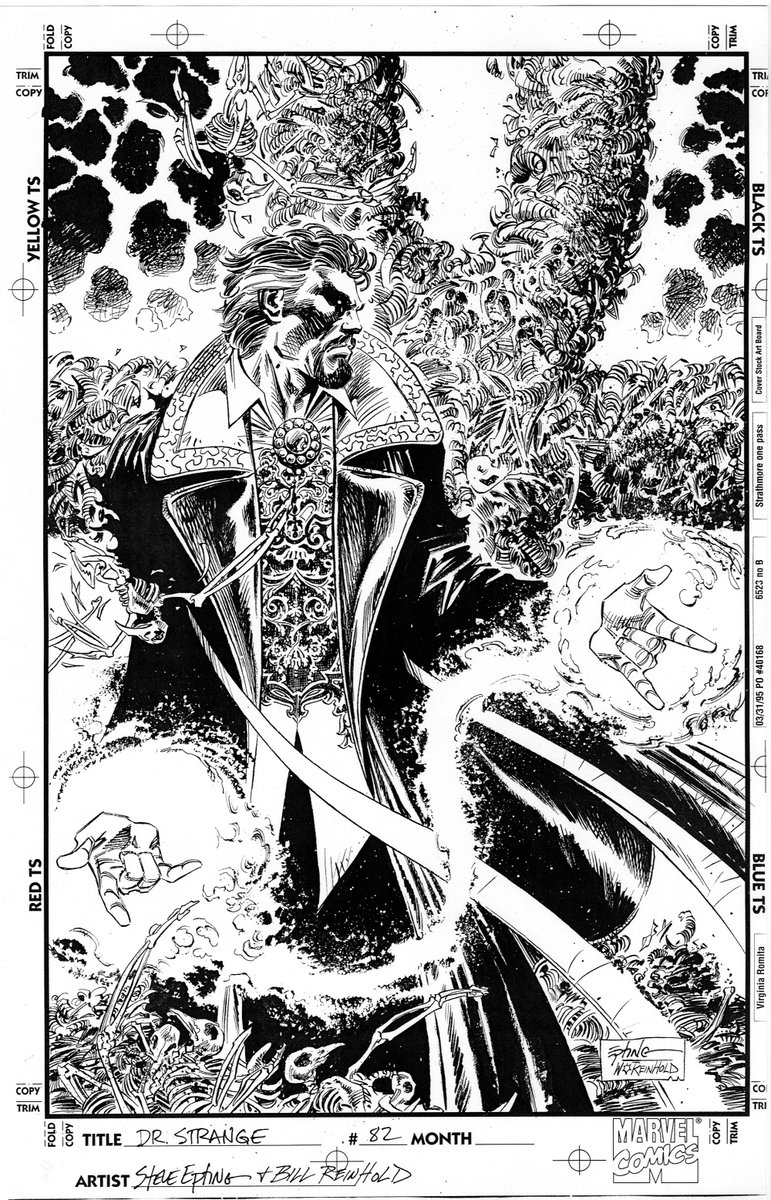 @declanshalvey In 1995 I inked a Steve Epting @SteveEpting Dr. Strange#82 cover. The complicated new chest design was sent to artists to paste up, but I just free handed it.