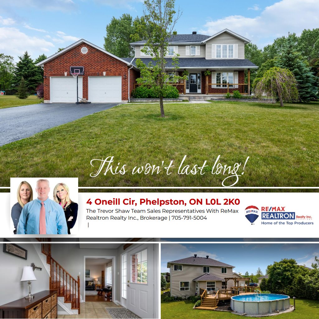 homeshots's tweet image. This Home sits on a large pie-shaped lot in #Phelpston &amp;amp; offers a pool, covered front Porch &amp;amp; landscaping! #RealEstate Watch the virtual tour for 4 O’Neill Circle here ecs.page.link/51PVq Contact Trevor Shaw @ 705-791-5004 or info@barriehome.net for details!