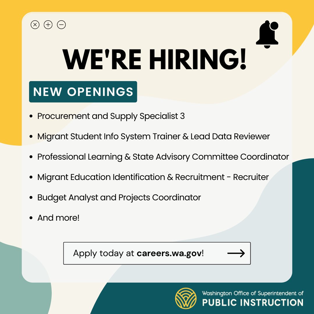 Interested in working at OSPI? Browse our job opportunities and apply today!

Learn more: ow.ly/TF9350Oy0pe

#WAedu #Recruiting #OSPIJobs
