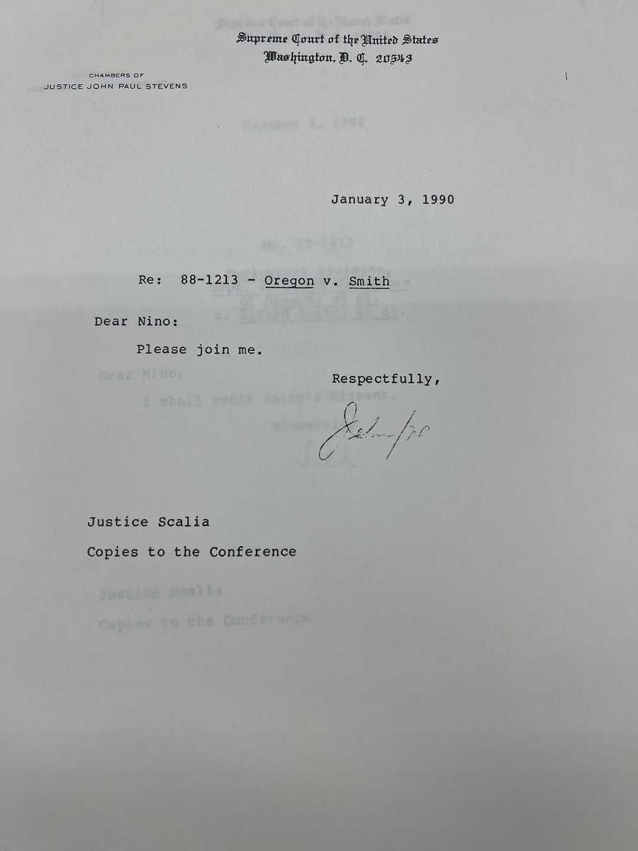 victorhcheung's tweet image. Spent the day at the LOC today going through Justice Stevens’ papers on free exercise cases. Surprising to find minimal internal debate after Scalia circulated his draft in Smith - the justices in the majority simply replied “please join me.” #SCOTUS #FreeExercise #JusticeStevens