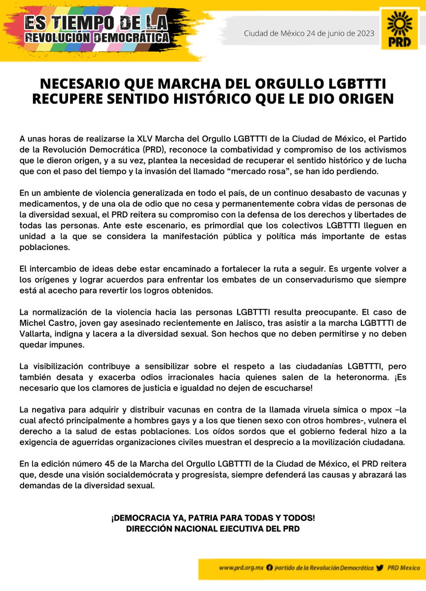 Necesario que marcha del orgullo #LGBTTTI recupere sentido histórico que le dio origen 🏳️‍🌈