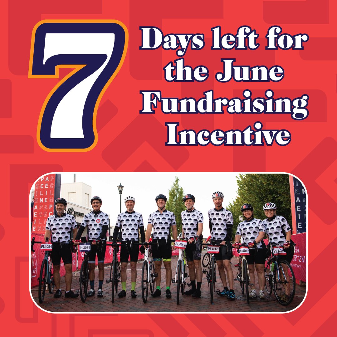 Seven days left for the June Fundraising Incentive! Don't miss this opportunity to increase your team's fundraising. For every rider registered by the end of the month, your team will receive a $50 donation. Don't delay; register today! #jointhepaceline #community #paceday2023