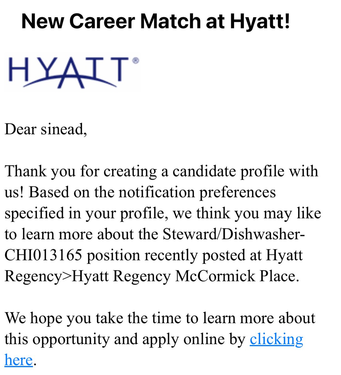 Hi <a href="/HyattChicago/">Hyatt Reg Chicago</a> whilst I appreciate the consideration, I applied for a job at Hyatt when I spent a summer in the states 18 years ago! I’ve moved on 😂 #jobfairy maybe someone else on their #j1 visa might be interested!