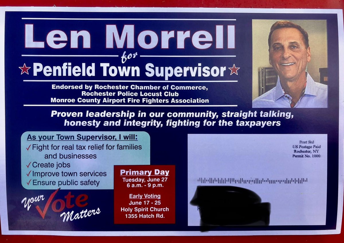 If you’ve seen this mailer, you need to read this post & share with your friends & neighbors. The Monroe County Airport Fire Fighters Association DID NOT endorse Len Morrell for Penfield Town Supervisor. After reaching out, neither has @ROCLocustClub nor the @RochesterChambr. 1/3