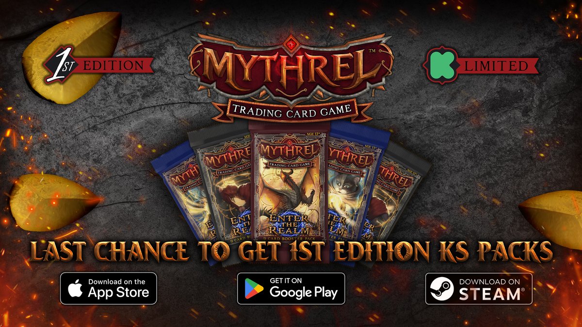 mythreltcg's tweet photo. 📢 Time is running out! Don't miss your chance to grab the limited 1st edition Kickstarter booster packs for Mythrel! ⏰

⚡️ Get them at https://t.co/nzWA2xw21o before 07-01-23, or they'll be gone forever!

Download and play #Mythrel on Google Play, Apple Store, or Steam! 🎮✨ https://t.co/cBey6r4yZT