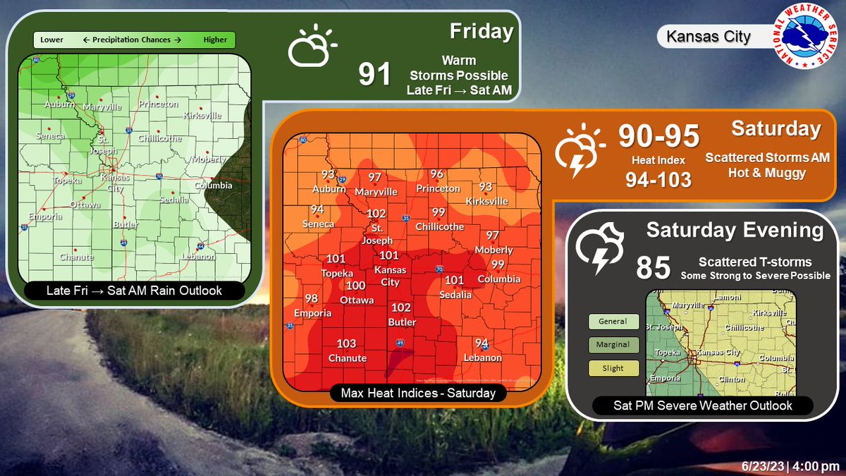 NWSKansasCity's tweet photo. (1/4)
Long thread alert: There is a lot to go over for the next 48 hours. 

TLDR: 1. Storms possible tonight into tomorrow AM.  2. Hot &amp; muggy Saturday. 3. Strong to severe storms possible Saturday afternoon and evening. https://t.co/d0UwAJICX2