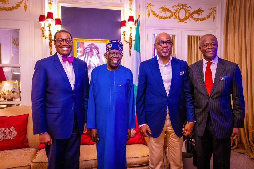 This evening, I joined President @officialABAT - GCFR as he met with the President of African Development Bank - @AfDB_Group, Dr. @akin_adesina along with the Special Adviser to the President on Monetary Polices, Mr Wale Edun in Paris. President Bola Tinubu is in France to…