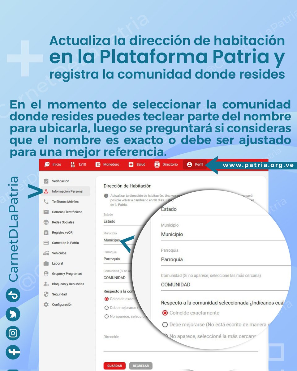 #Actualiza tu dirección de habitación en la #PlataformaPatria y registra la comunidad donde resides.
✓Ve a PERFIL
✓Selecciona Información personal.
✓Modifica el estado, municipio o parroquia.
Ajuste importante para recibir beneficio #HogaresDeLaPatria.

#PorLaVidaYLaPaz #23Jun